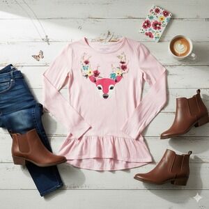 Girls Pink Christmas Reindeer Long Sleeve Top Holiday Festive Shirt‎